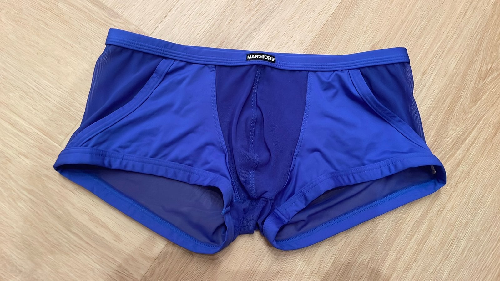 1 keer gedragen Manstore hipster doorschijnend, Kleding | Heren, Verzenden, Blauw, Boxer
