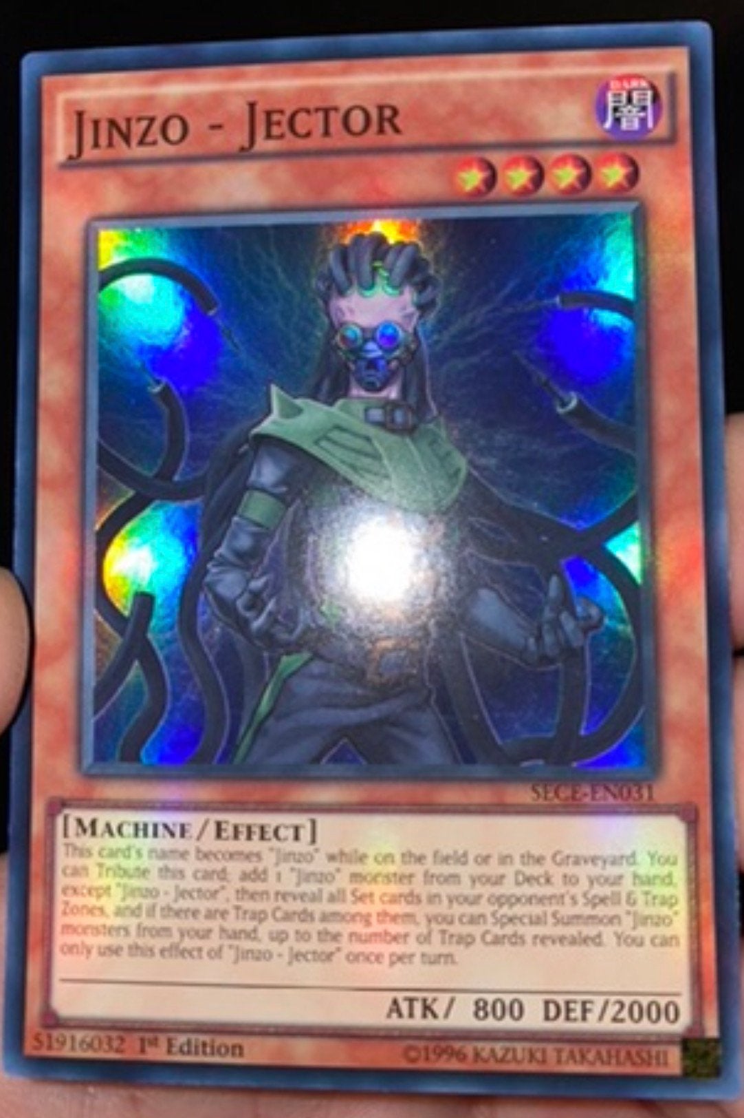 Yu-Gi-Oh! Jinzo - Jector SECE 1st Edition !, Ophalen of Verzenden, Zo goed als nieuw, Losse kaart, Foil