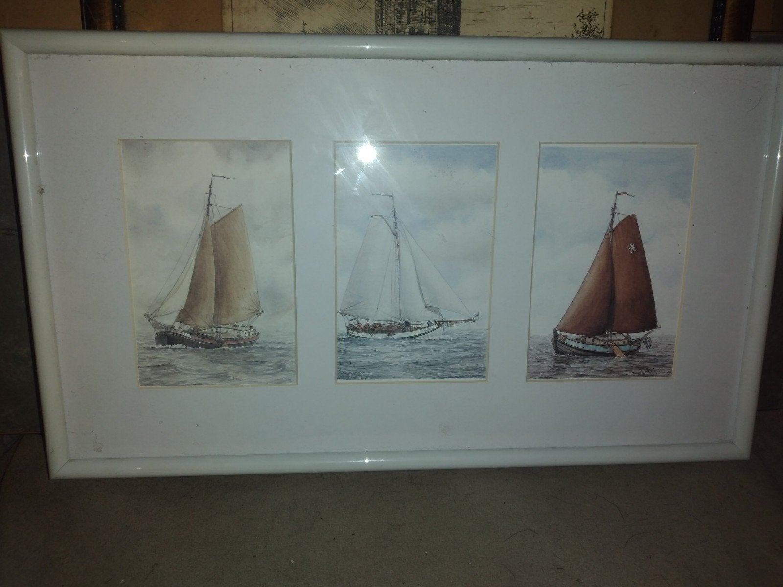 Drie ingelijste aquarellen van zeilschepen  Bauke Feenstr, Ophalen of Verzenden, Schilderij, Aquarel, Gesigneerd