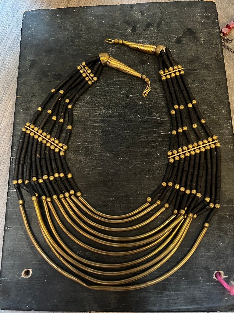 Vintage zwart goudkleur design etnische boho ketting collier, Zwart, Ophalen of Verzenden, Zo goed als nieuw, Overige materialen