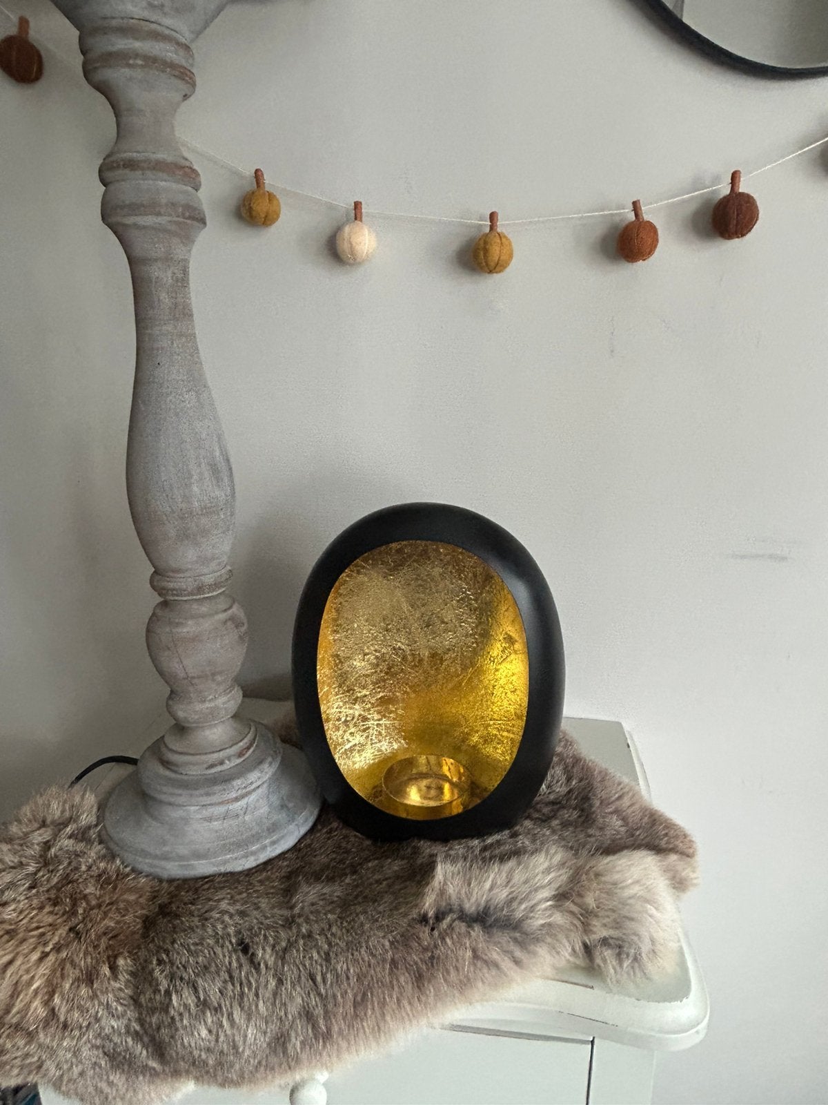 Windlicht ei zwart met goud voor waxine kaarsje, Goud, Ophalen of Verzenden, Zo goed als nieuw