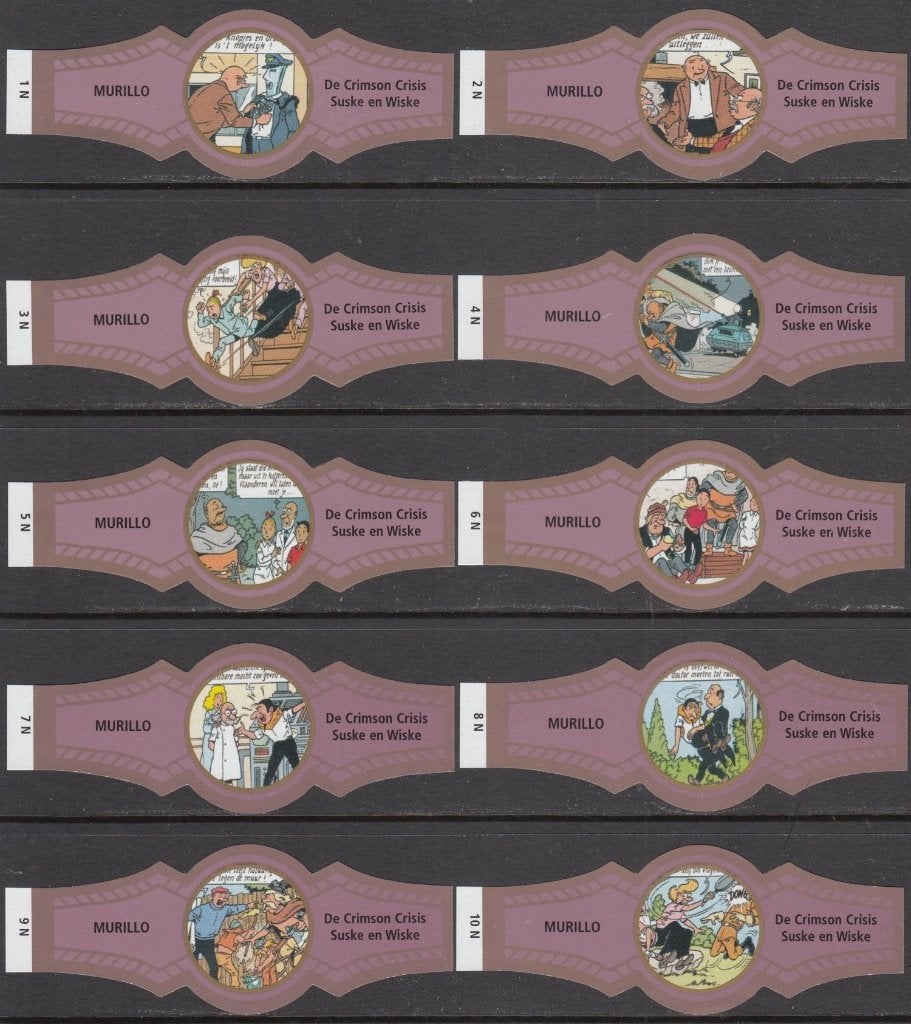 Sigarenbanden van Suske en Wiske De Crimson Crisis, Mu. 1-10, Ophalen of Verzenden, Nieuw, Sigarenbandjes