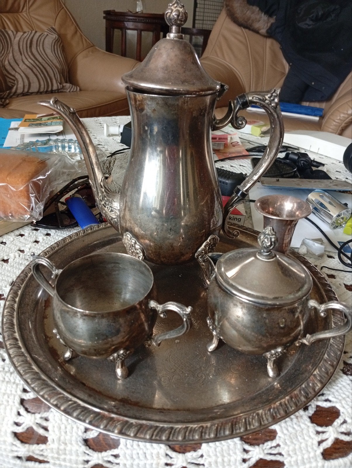 Antiek Zilveren Koffie- en Theeservies op Dienblad, Antiek en Kunst, Antiek | Goud en Zilver, Ophalen of Verzenden