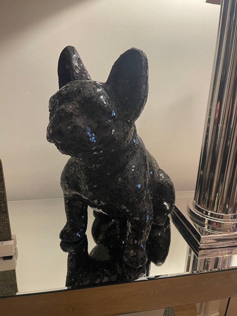 Franse Bulldog in zwart glasmozaïek Frenchie design object, Glas, Ophalen of Verzenden, Beeld, Handgemaakt