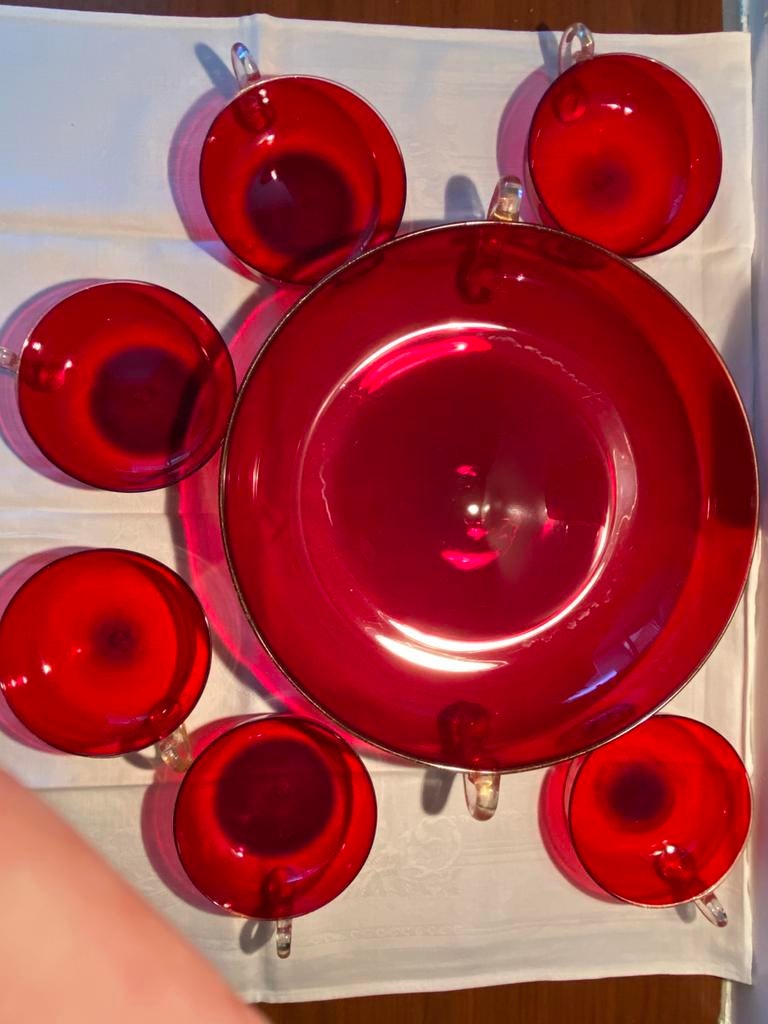 Murano glazen bowlset: rood +helder/goudstof details, Ophalen of Verzenden