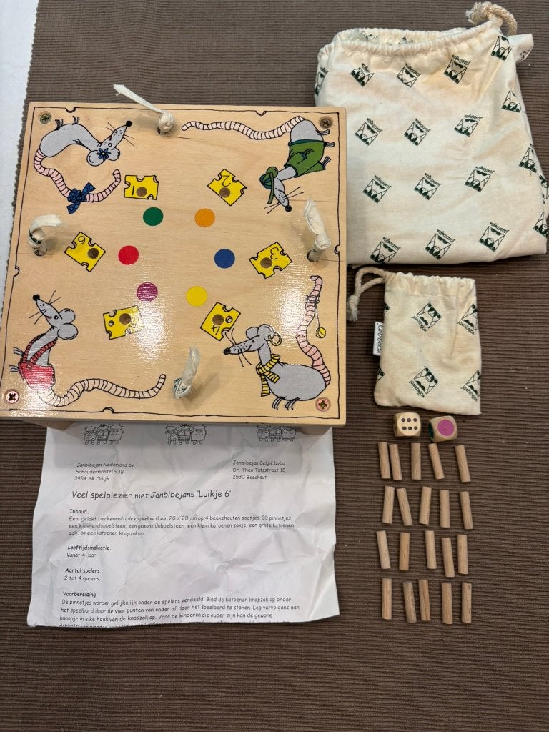Janbibejan luikje 6 houten spel met muizen en kaas!, Een of twee spelers, Ophalen of Verzenden, Zo goed als nieuw, Janbibejan
