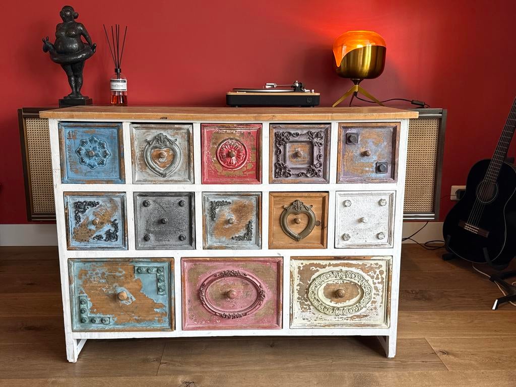 Kleurrijk Brocante/Boho Apothekerskastje met 13 Lades, Ophalen of Verzenden