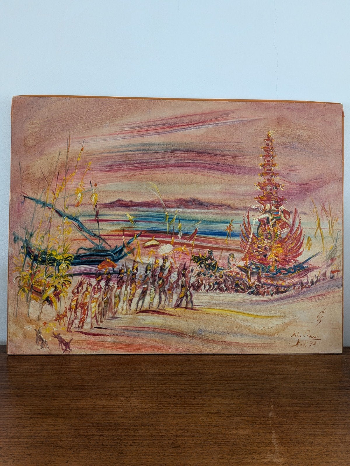Oil painting by Sutan Chaidir, Balinese religious ceremony., Ophalen of Verzenden