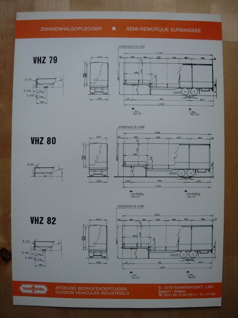 Van Hool Zwanenhals Oplegger Brochure ca 1975 Trailer, Van Hool, Ophalen of Verzenden, Zo goed als nieuw, Overige merken