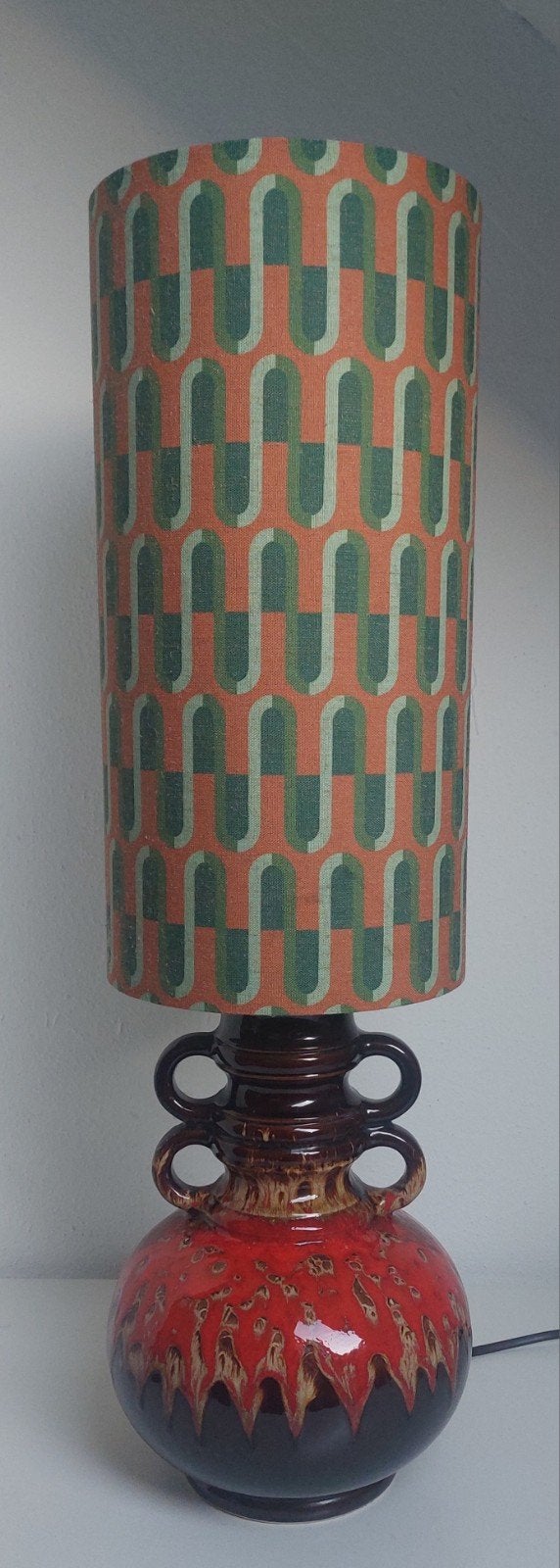 Vintage fat lava tafellamp met geometrische kap, Ophalen, Meerkleurig, Keramiek, E27 (groot)
