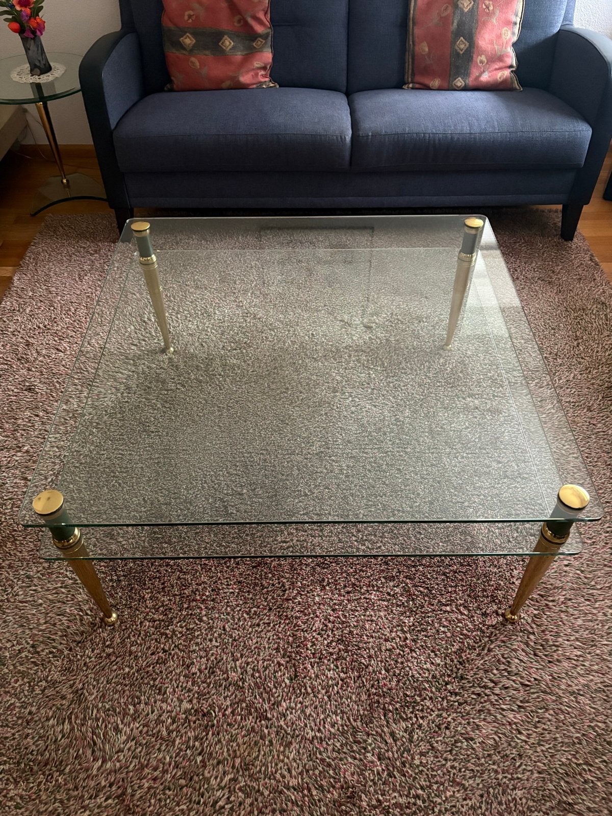 Glazen salontafel met gouden poten, Ophalen, Gebruikt, Vierkant, Glas