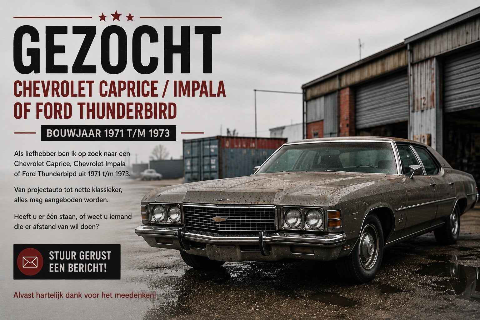 Gezocht: Chevrolet Caprice, Impala, of Ford Thunderbird., Auto's, Oldtimers, Particulier, Te koop