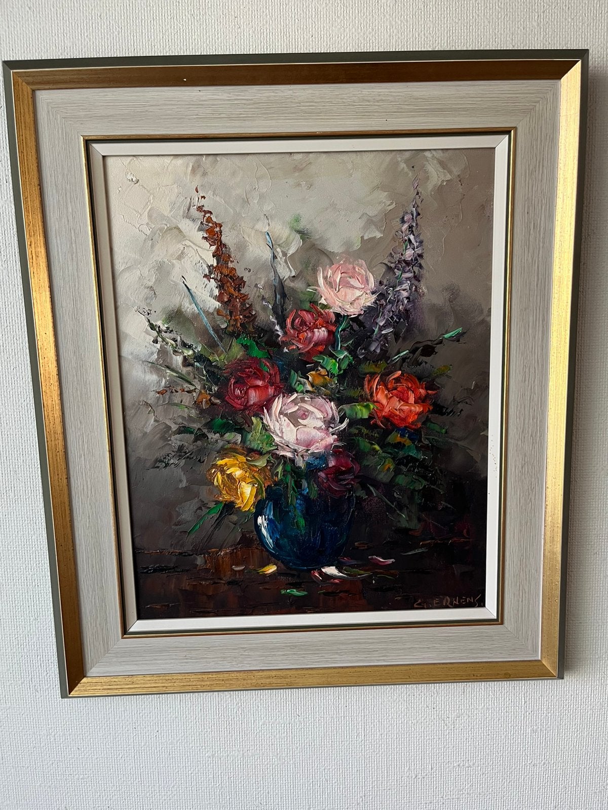 Schilderij bloemen in pot gesigneerd G. Ernens, Ophalen