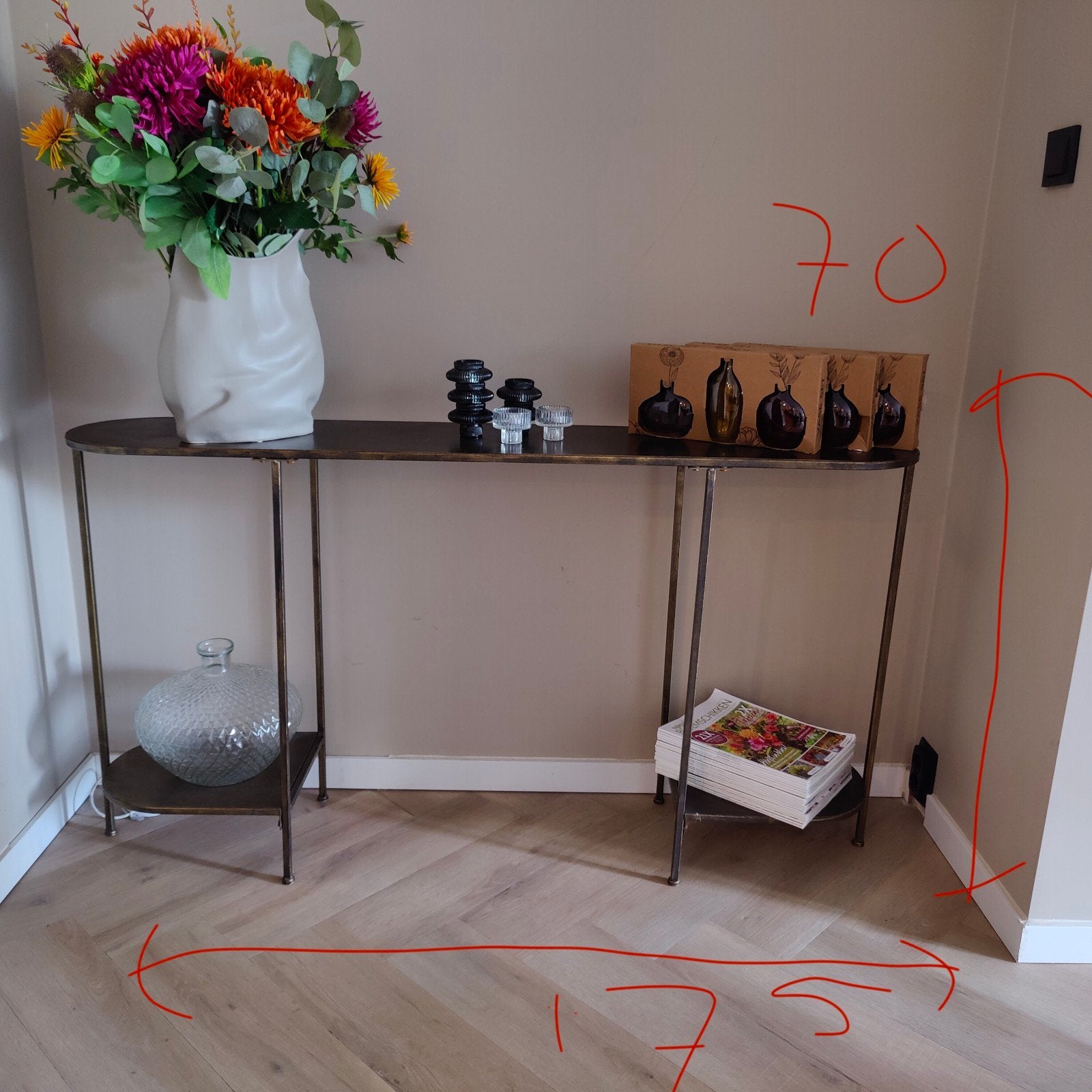 Sidetable/console tafel metaal met houten blad, Overige houtsoorten, Minder dan 50 cm, Gebruikt, Tot twee personen