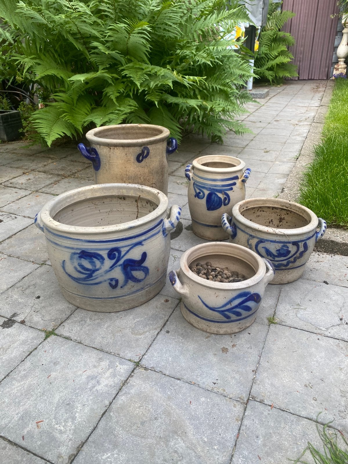 Set van 5 aardewerk bloempotten met blauw decor, Ophalen, Gebruikt, 40 cm of meer, Rond