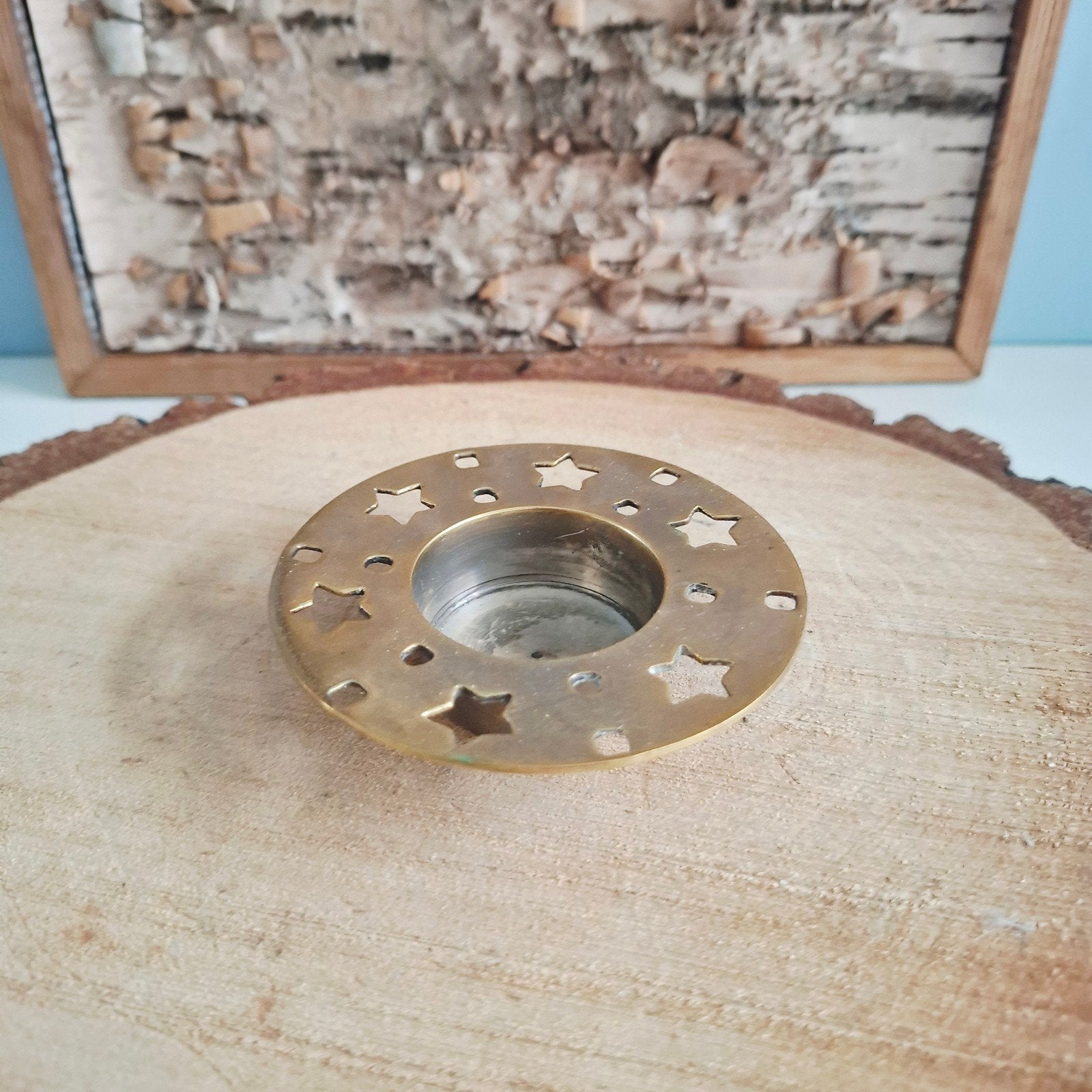 Vintage messing waxinelichthouder met sterren, Gebruikt, Vintage, Ophalen of Verzenden, Onbekend
