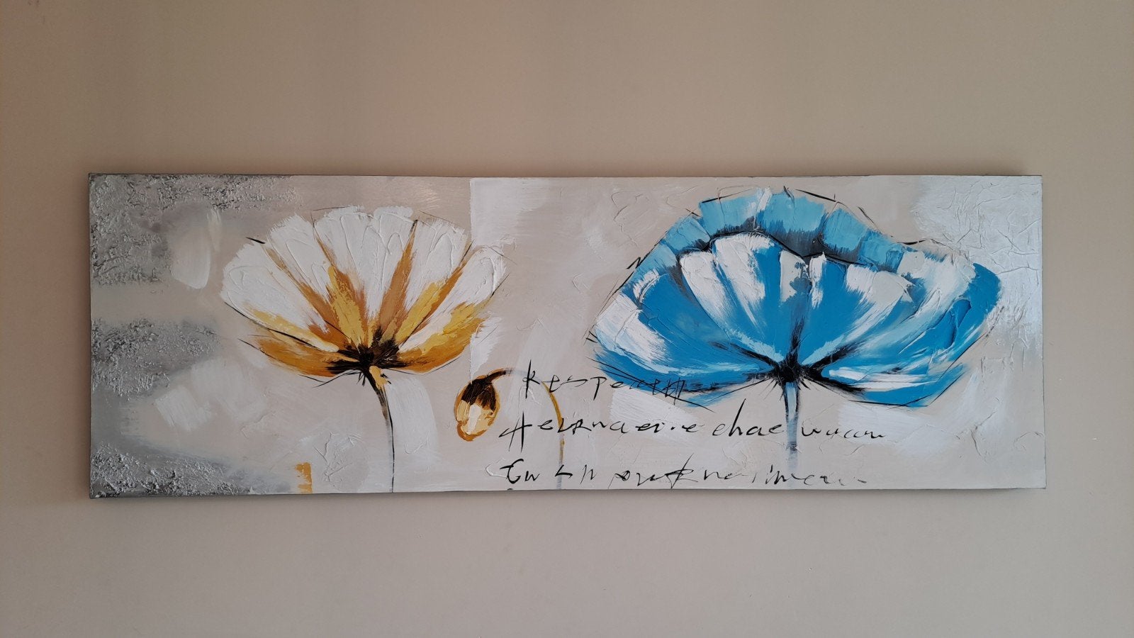 Modern canvas schilderij 150x50 cm: bloemen wit, geel en bla, Antiek en Kunst, Ophalen, Textiel, 3D-effect, Bloemen