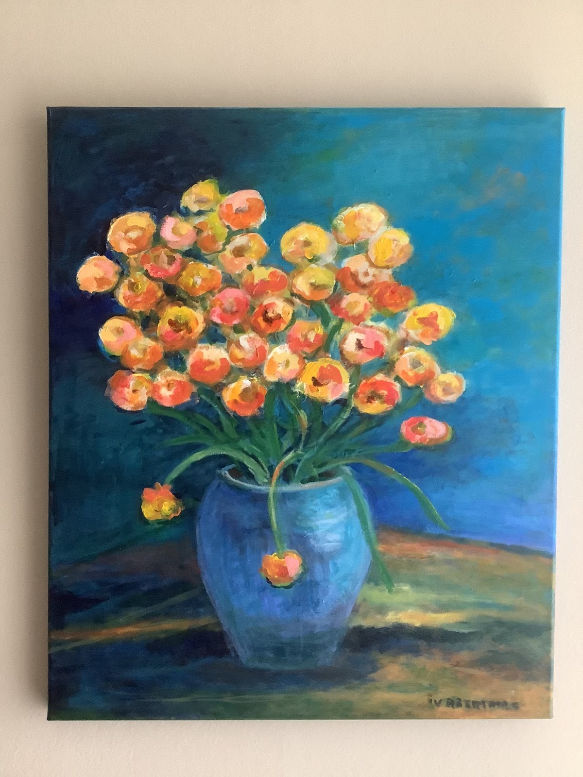 Vaas met bloemen, op doek, gesigneerd, 50/60 c.m., Bloemen, Acrylverf, Doek, Impressionistisch