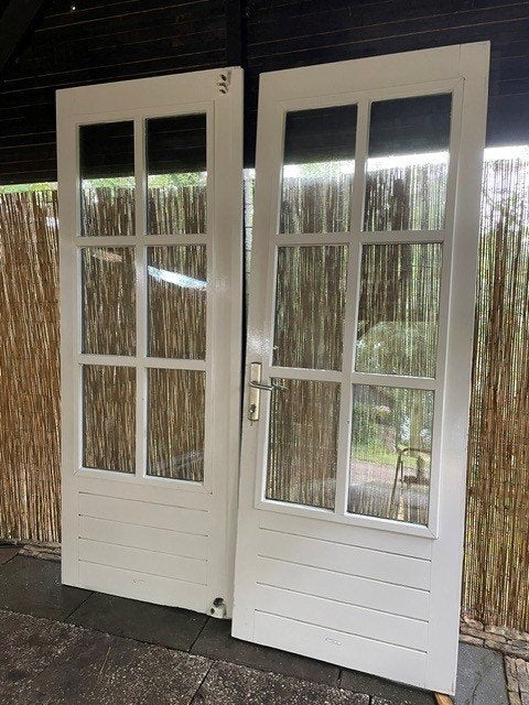 hardhouten tuin-terrasdeuren, Doe-het-zelf en Verbouw, Deuren en Horren, Ophalen, Gebruikt, 80 tot 100 cm, 215 cm of meer