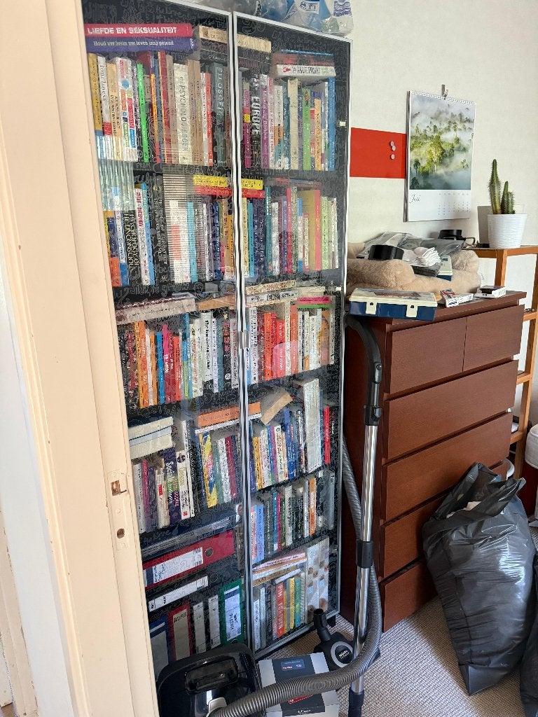 Foto 2 van boekenkast met glazen deuren met vrolijke figuurtjes