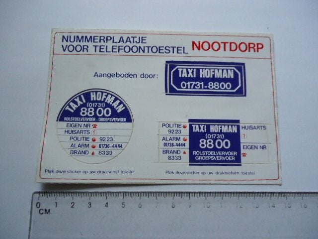 sticker oud Nootdorp telefoon VEL TAXI Hofman retro, Ophalen of Verzenden, Zo goed als nieuw, Bedrijf of Vereniging