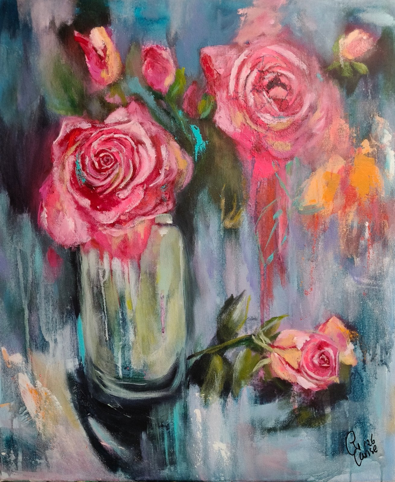 schilderij vaas met rozen, Antiek en Kunst, Ophalen of Verzenden