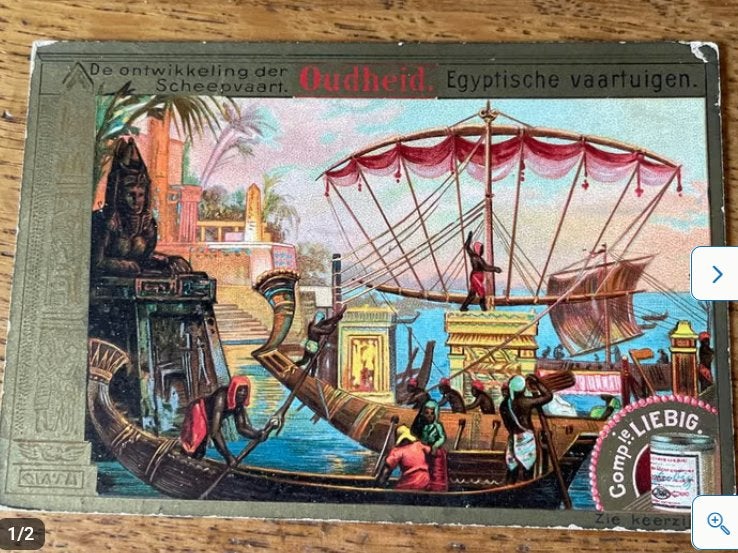 Oude Liebig's Vleesch-Extract reclamekaart: Egyptische vaart, Verzamelen, Ophalen of Verzenden, Voor 1940, Zo goed als nieuw