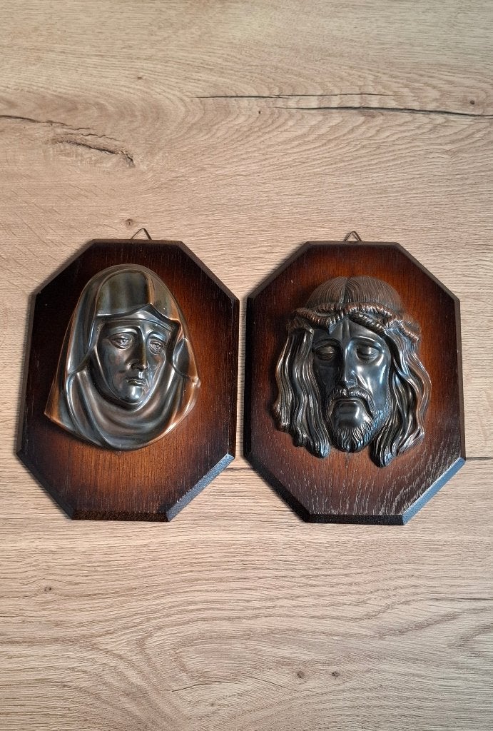 Vintage religieuze wandplaquettes Maria en Christus, metaal, Antiek en Kunst, Ophalen of Verzenden