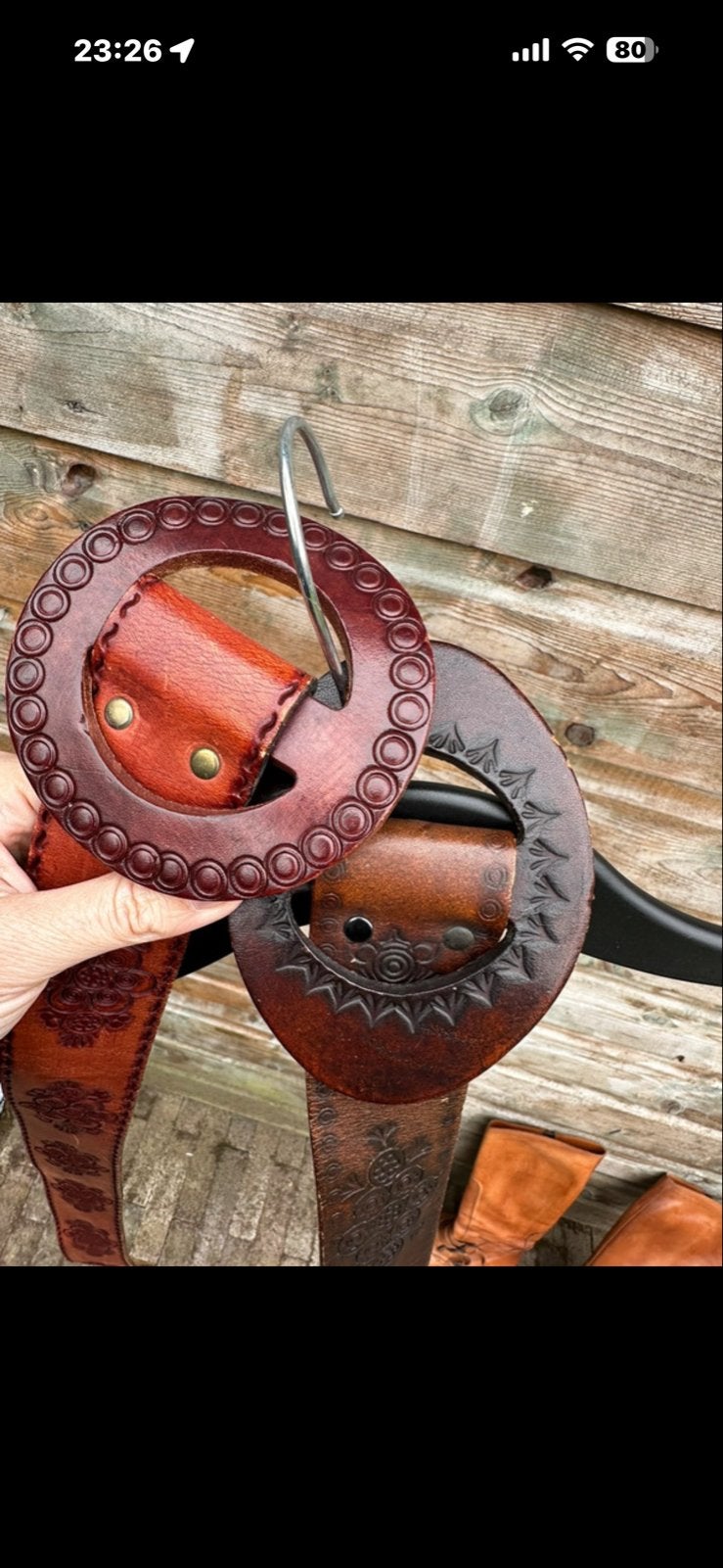 2 Vintage Leren Riemen - Handgemaakt Spanje Jaren '60, Kleding | Dames, Riemen en Ceinturen, Overige kleuren, 100 cm of meer, Echt leder