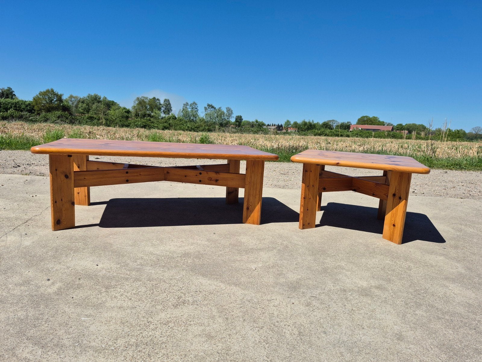 set 2 vintage grenen tafels OTM hoektafel salontafel, Ophalen, Gebruikt, 100 tot 150 cm, Vintage design scandinavisch