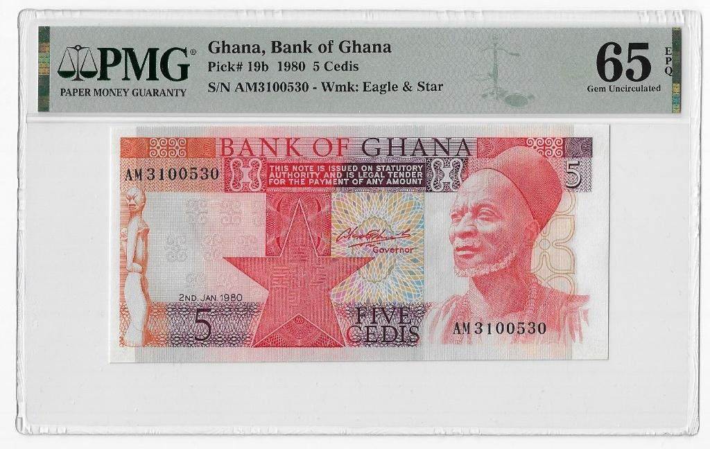 Ghana 5 Cedis 1980 Unc PMG 65 EPQ, Ophalen of Verzenden, Overige landen, Los biljet