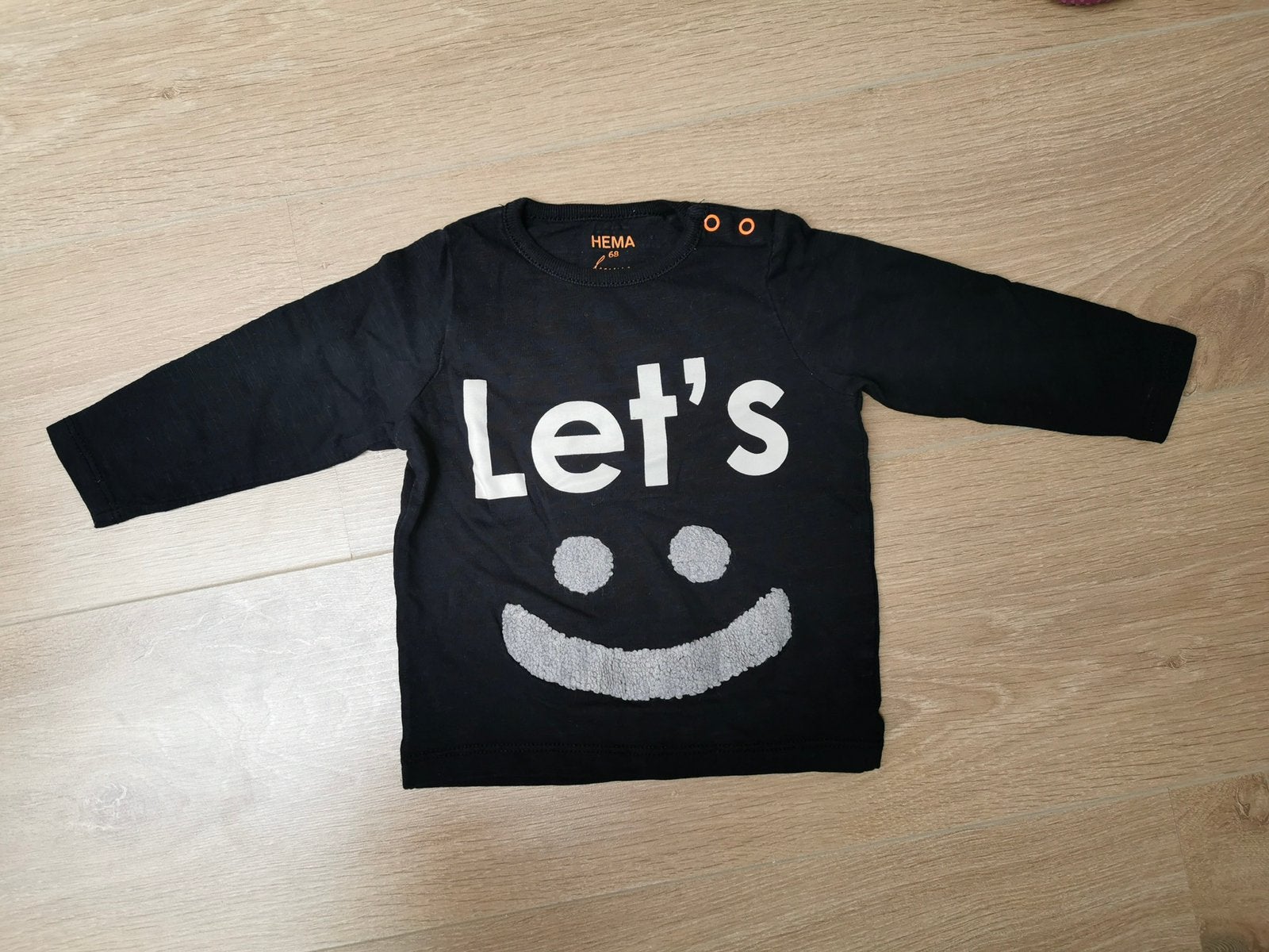 Hema shirt longsleeve zwart ‘Let’s Smile’ maat 68, Kinderen en Baby's, Babykleding | Maat 68, Ophalen of Verzenden, Zo goed als nieuw