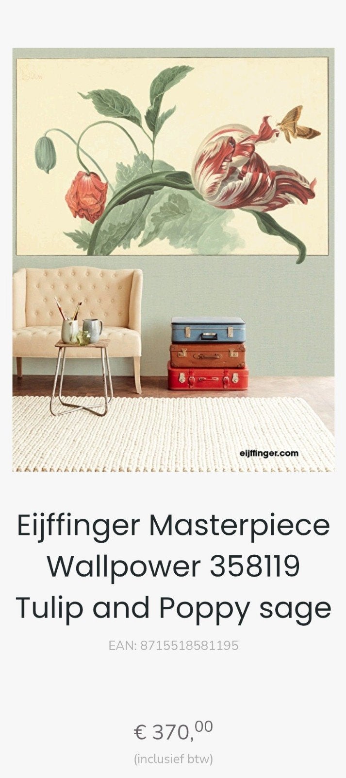 Eijffinger Masterpiece Tulip & Poppy Sage Groen Behang, Bloemen, Natuurlijk, Overige merken, Ophalen of Verzenden