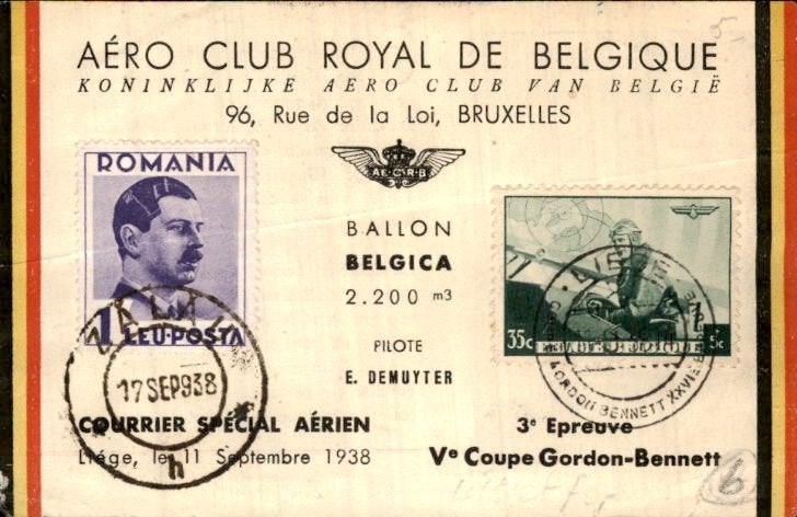 België - Luchtpost - FFC - Roemenië - 1938, Verzenden, Briefkaart
