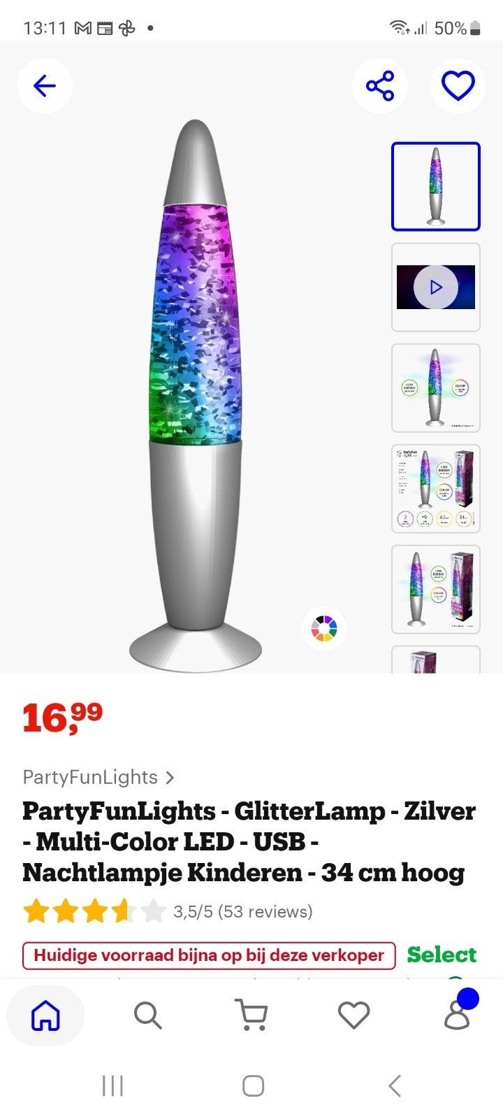 PartyFunLights Glitterlamp - Zilver - Multi-Color LED - USB, Ophalen, Nieuw, Zilver, Metaal