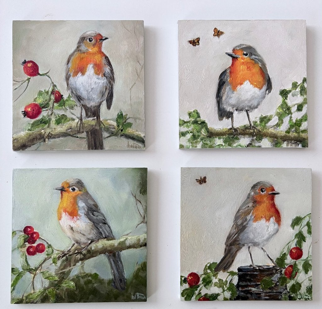 UNIEKE  SCHILDERIJTJES " ROODBORSTJE" EN ........., Ophalen of Verzenden, Zo goed als nieuw, Minder dan 50 cm, Schilderij