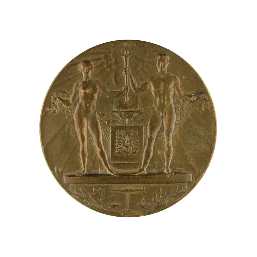BRONZEN PENNING J.C. Wienecke OLYMPISCHE SPELEN AMSTERDAM, Verzenden, Brons, Nederland