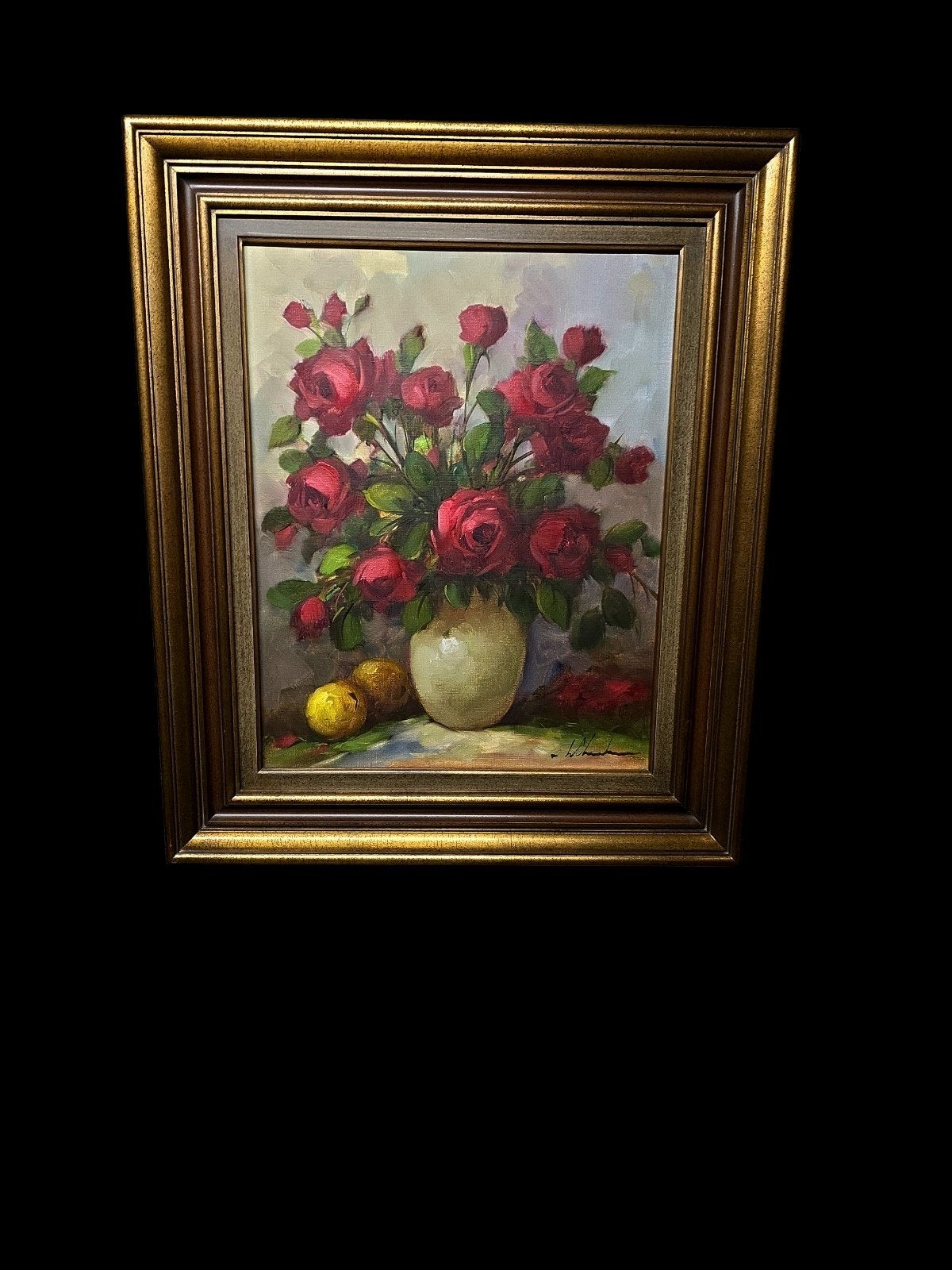 Prachtig stilleven met rode rozen en citroenen, Antiek en Kunst, Doek, Realistisch, Stilleven, Ophalen of Verzenden