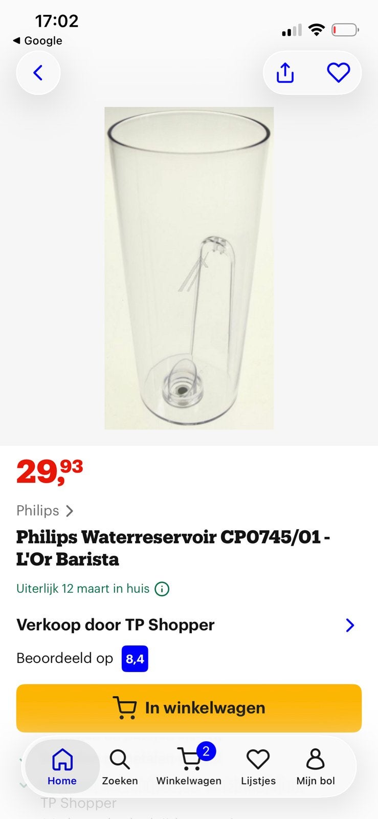 Lor barista philips waterreservoir NIEUW, Ophalen of Verzenden, Nieuw