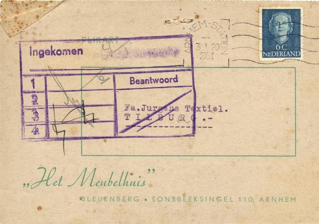 Het Meubelhuis, Bleijenberg, Arnhem - 01.1951 - plikart, Ophalen of Verzenden, Briefkaart