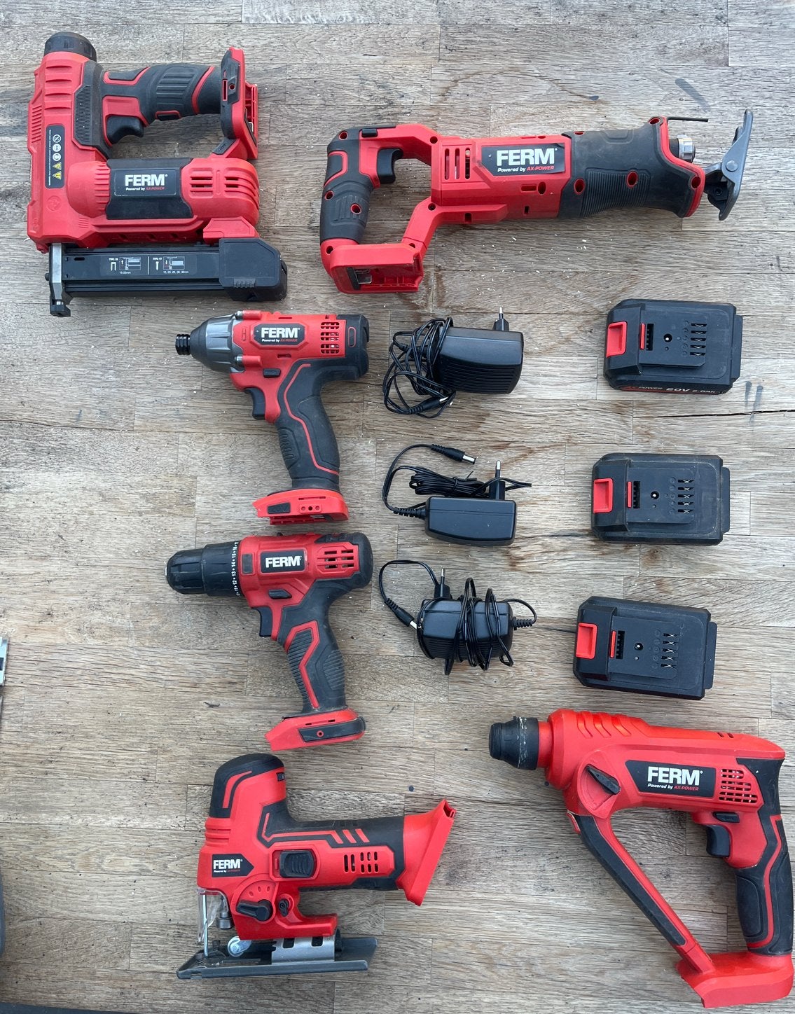 Ferm AX-POWER Gereedschapset (6 machines, 3 accu's, 3 laders, Ophalen of Verzenden, Gebruikt