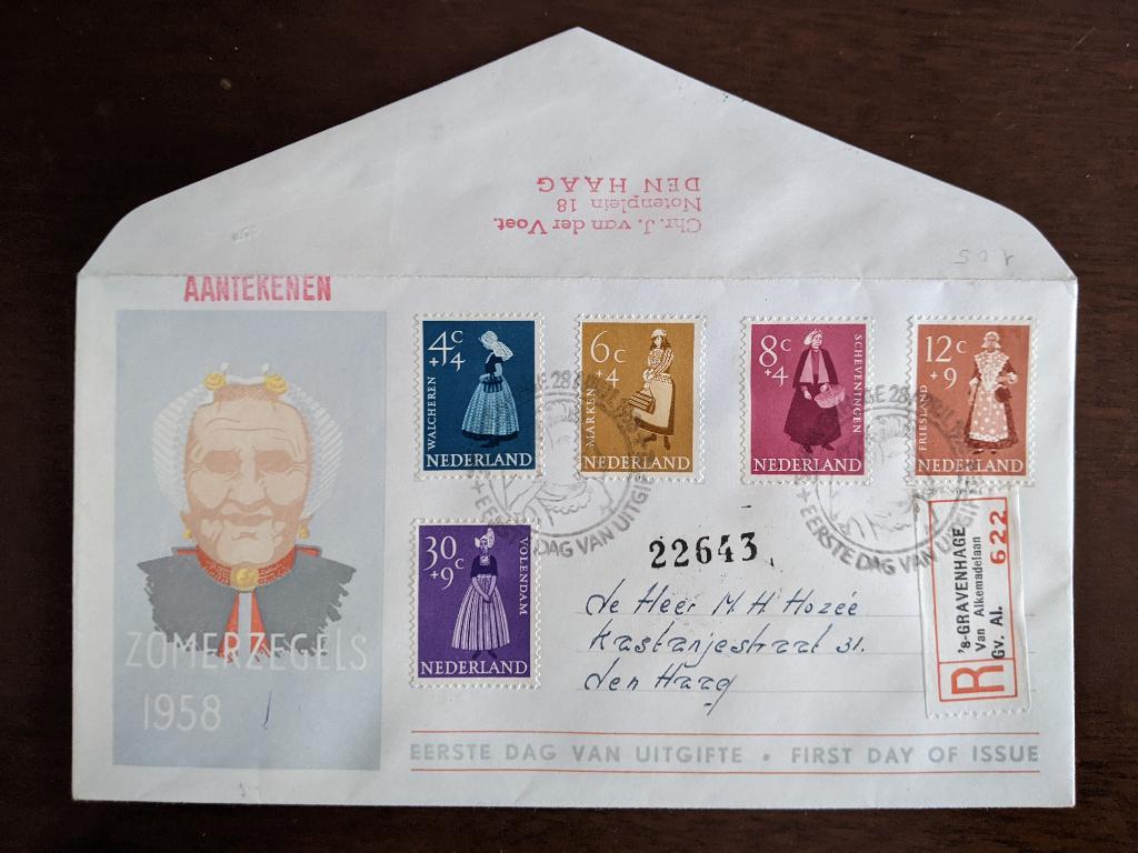 NL 1958; FDC E-34 ZOMERZEGELS (KLEDERDRACHTEN), Postzegels en Munten, Verzenden, Beschreven, Nederland
