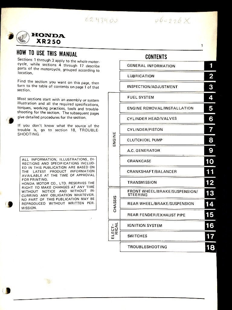 Honda XR250 1979-1980 Service Manual, Ophalen of Verzenden, Honda