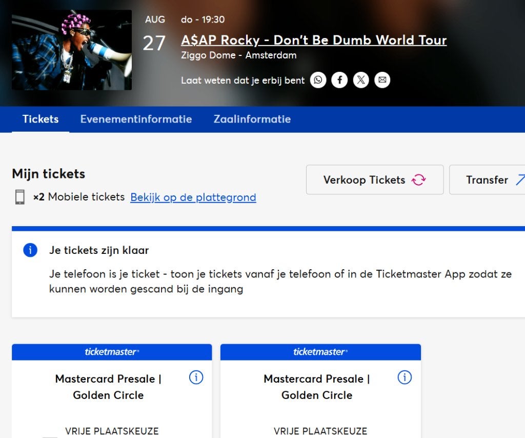 GOLDEN CIRCLE A$AP ROCKY Staanplaatsen Ziggo Dome, Tickets en Kaartjes, Concerten | R&B en Hiphop, Twee personen, Augustus