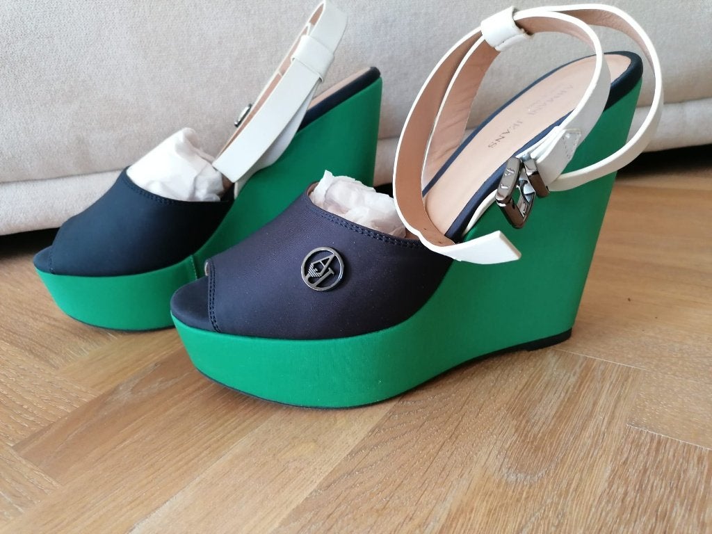 Armani Jeans sandalen, groen blauw, 38, nieuw, sleehak, Armani, Blauw, Nieuw, Sandalen of Muiltjes