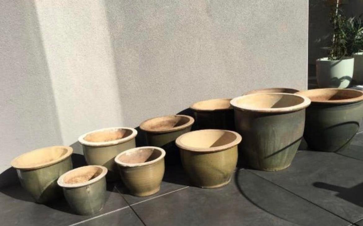 Oud Hollandse kwaliteit terracotta geglazuurde potten set12, 25 tot 40 cm, Gebruikt, Rond, Ophalen of Verzenden