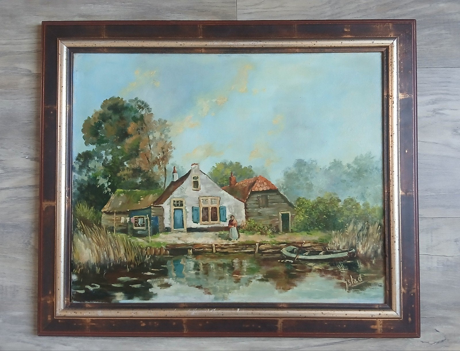 Schilderij # Erf aan het water, Antiek en Kunst, Ophalen of Verzenden