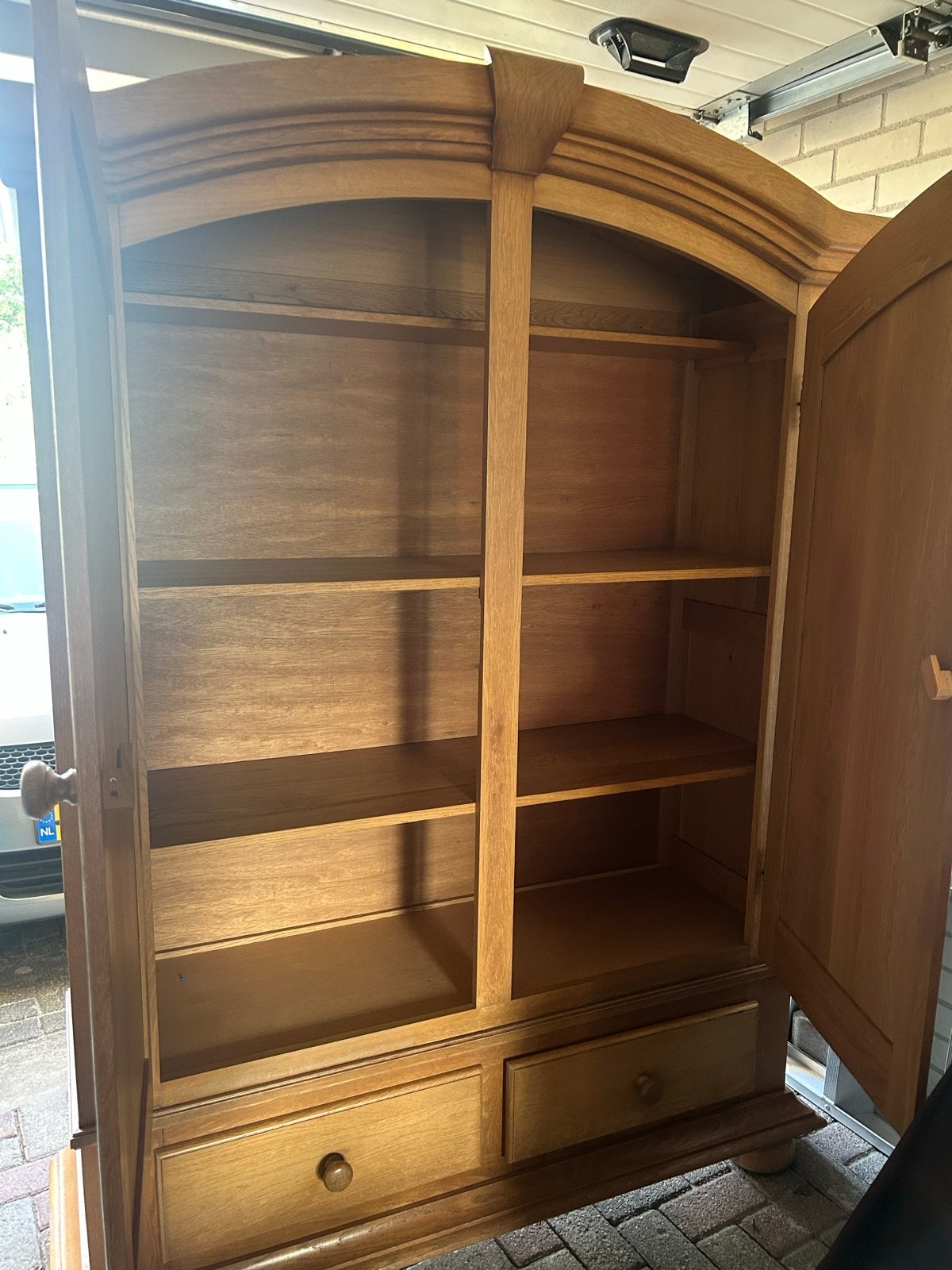Honing eikenhouten kast met lades en planken, Ophalen, Gebruikt, 100 tot 150 cm, Eikenhout