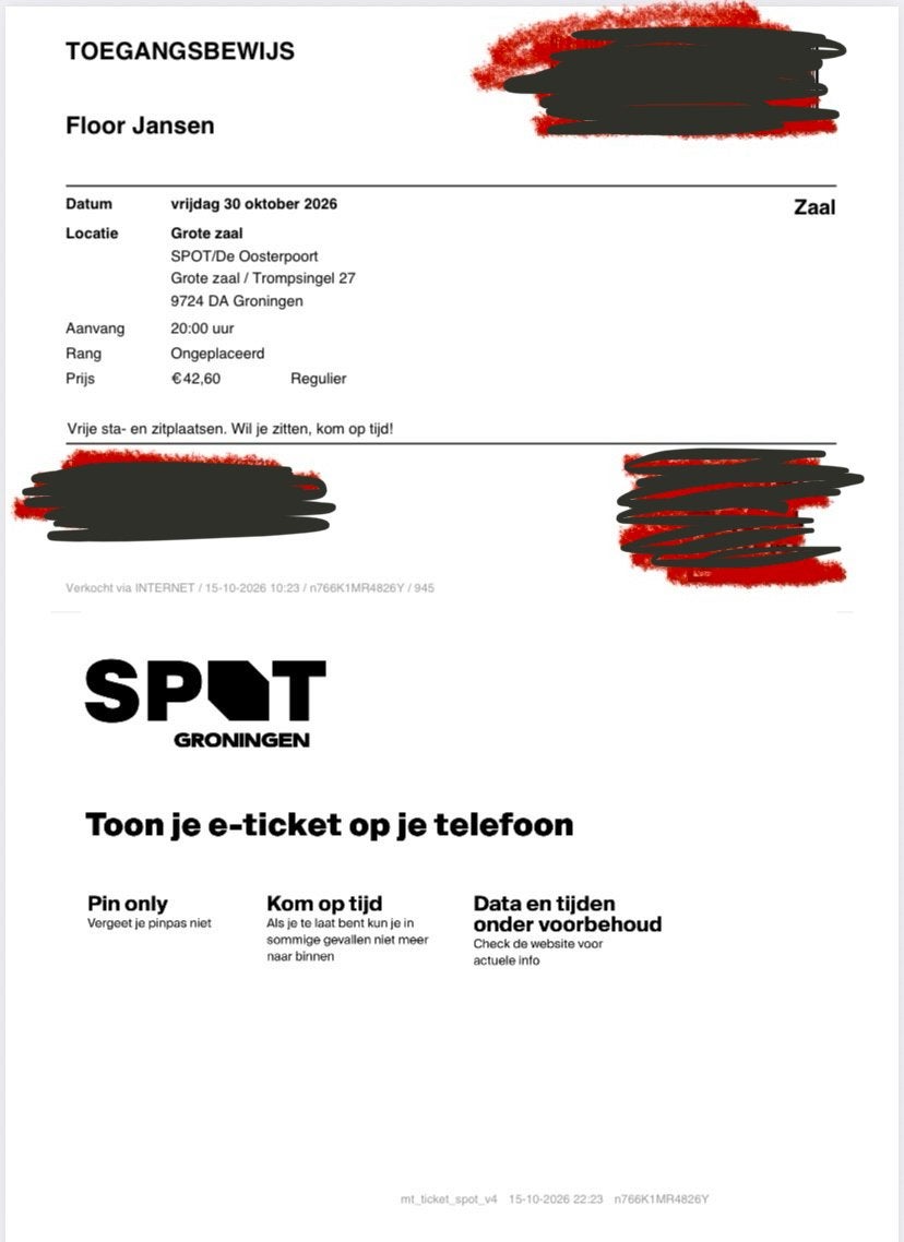 Floor jansen ticket oosterpoort, Eén persoon, Oktober