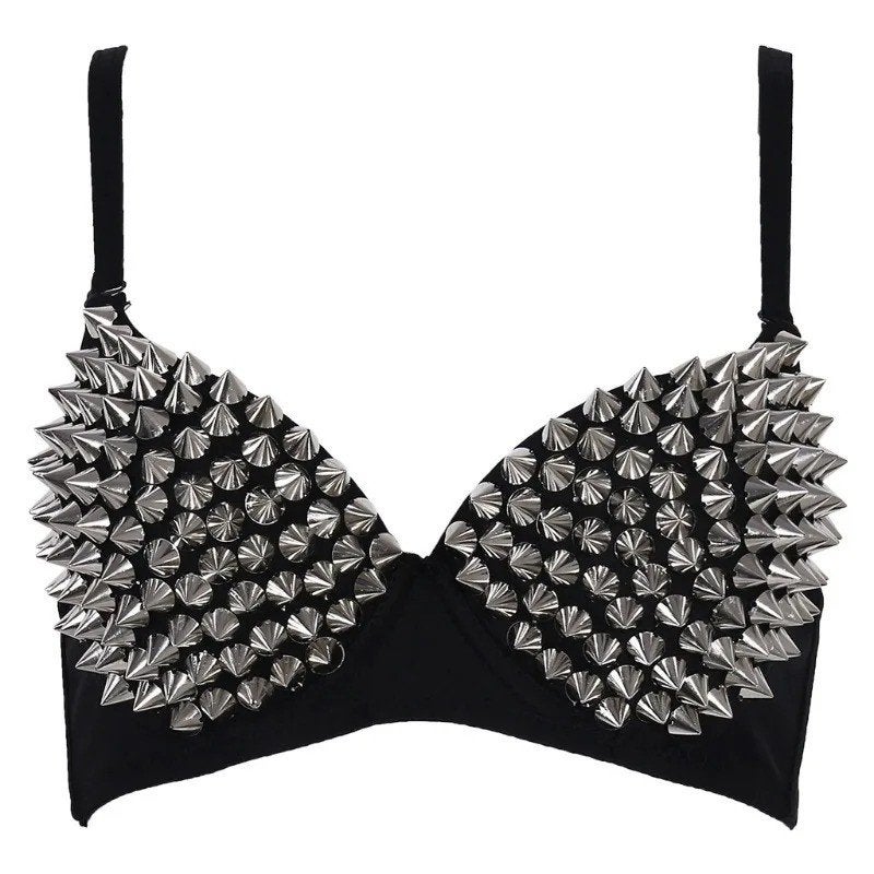Luxe zwarte Gothic / Punk BH met zilverkleurige spikes Cup B